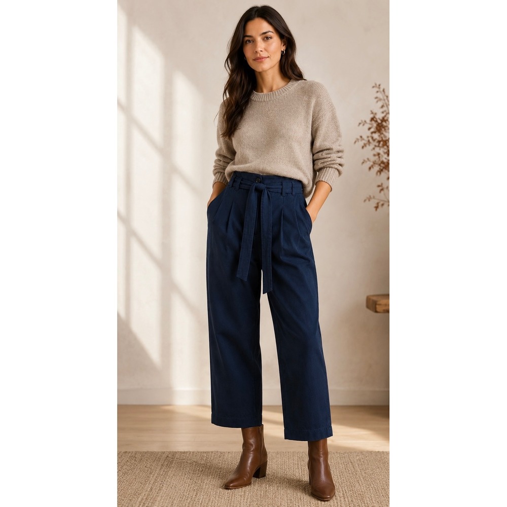THE GREAT Navy Blue The Statesman Trouser Pleated Tie Waist Cotton Pants 31 NWT
